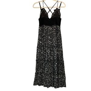 Chrysanthemum boho black strappy  dress lace bust and ditzy floral skirt. Size M